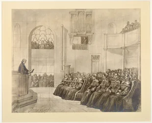 Diaconissen-Kirche, Pastor Fliedner preekt voor de diaconessen in de kapel in Kaiserswerth, 1840