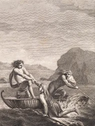 De schipbreukeling Niels Klim wordt gered door twee Qvamiter in een wilgenboot