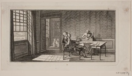 Het interieur van een kamer, waar Bonnet dicteert aan zijn secretaris