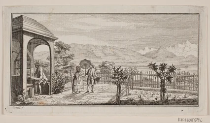 Een tuin terras in Genthod met een wandelend paar