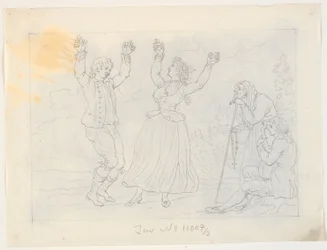 Man en vrouw dansen fandango. Een jonge man speelt gitaar en een oude vrouw kijkt toe
