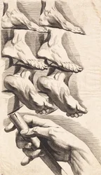 Studieblad van voeten en een hand die een staf vasthoudt
