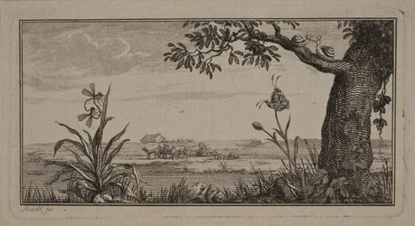 Uitzicht over een vlak landschap, op de voorgrond plant met insecten en boom met slakken