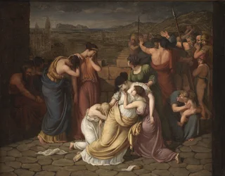 Andromache in wanhoop bij het zien van Hectors lichaam