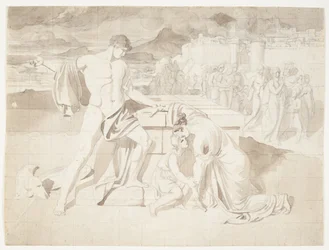 Andromache en zoon Astyanax samen met Pyrrhus bij het graf van Hector
