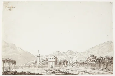 Landschap van Domodossola in Zwitserland met kerk en wachttoren