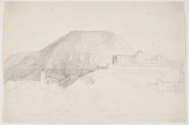 Landschapsstudie met Berg en Gebouwen. Spoleto, Italië