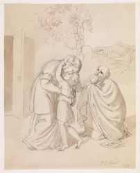 Sarah neemt afscheid van Isaak, Abraham knielend