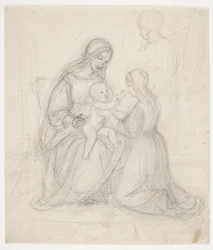 Zittende Madonna met kind en knielende vrouw
