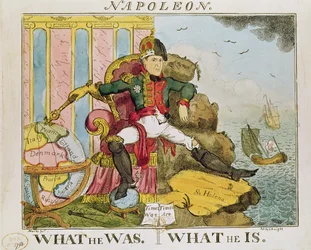 ‘Wat hij was. Wat hij is’, karikatuur van Napoleon (1769-1821), uitgegeven door S. Knight