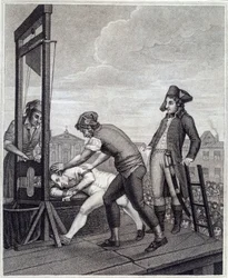 De executie van Maximilien de Robespierre (1758-1794) met de guillotine op 28/07/1794 op de Place de la Concorde. Gravure van James Idnarpila naar J. Beys. Omstreeks 1799. Parijs, Musée Carnavalet