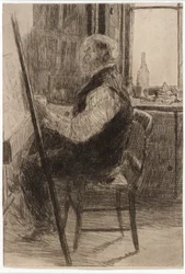 Kunstenaar zittend bij schildersezel