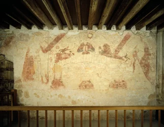 Een 15e-eeuwse muurschildering op de oostmuur van de geschilderde kamer in Cleeve Abbey, Somerset, 1999
