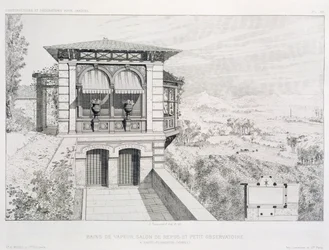 Stoombaden, observatorium boven, uit een volume met ontwerpen door verschillende architecten, uitgegeven door Morel & Cie, Parijs, ca. 1880