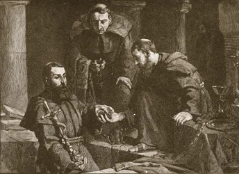 Schatten verbergen bij de opheffing van een klooster, illustratie uit The Church of England: A History for the People van H. D. M. Spence-Jones, gepubliceerd ca. 1910