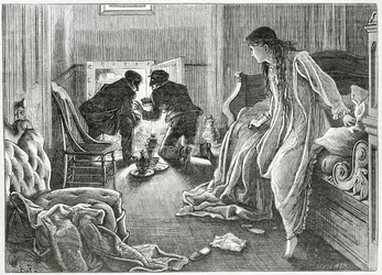 Ik stak mijn hand heel zachtjes op en trok de dolk van onder mijn kussen, illustratie voor een thriller misdaadverhaal 