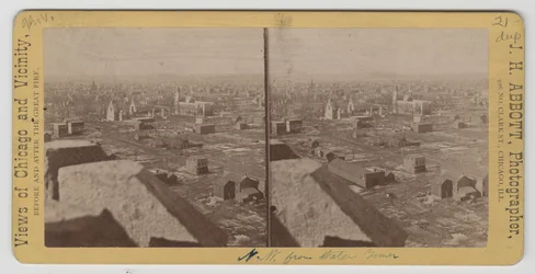 Stereograaf van het uitzicht noordwest vanaf de Water Tower na de brand van Chicago in 1871