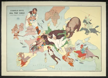 Cartoonkaart van het Europese oorlogsgebied getiteld 