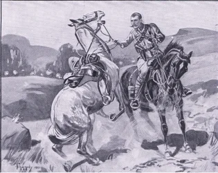 Majoor Brown, 14e Huzaren, houdt luitenant Browns paard vast onder zwaar vuur, illustratie uit Na Pretoria: De Guerrillaoorlog, 1902