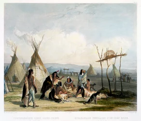 Begrafenisschavot van een Sioux-hoofdman nabij Fort Pierre