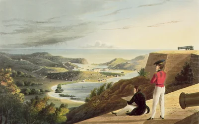 Uitzicht op de Engelse Haven, Antigua vanaf Great George Fort, Monks Hill, gegraveerd door T. Fielding, uitgegeven door T. en G. Underwood, 1827