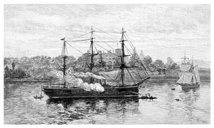 Regeringshuis en HMS Nelson, Sydney, New South Wales, Australië, 1886