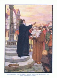 Verbannen van de universiteit, ging Wyclif naar het platteland en schreef en onderwees daar, uit Engelse Literatuur uitgegeven door T C & EC Jack, ca. 1920