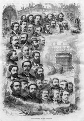 Les hommes de la Commune de Paris 1870 gravure door J Robert van 1870 - (Charles Delescluze, Felix Pyat, Charles Ferdinand Gambon, Paschal Grousset, Jules Valles en Gustave Courbet, Arthur Arnould, Charles Amouroux, Victor Clement, Jules Bergeret enz.)