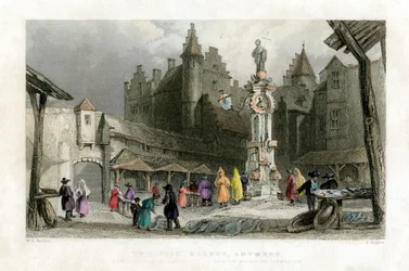 De vismarkt, Antwerpen, België, 19e eeuw