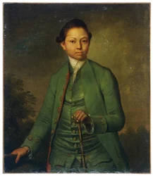 Portret van een jongeman in een groen jasje met een wandelstok (olieverf op doek)