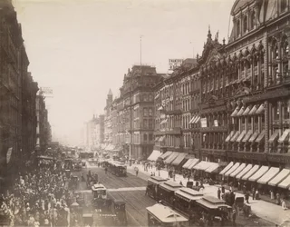 Uitzicht op State Street naar het noorden vanaf Madison Street, Chicago, 1890