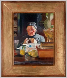 Vrouw aan tafel, schets