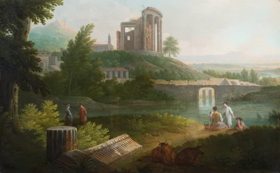 Een Italiaans pastoraal landschap met klassieke ruïnes op een klif boven een meer (olieverf op doek)