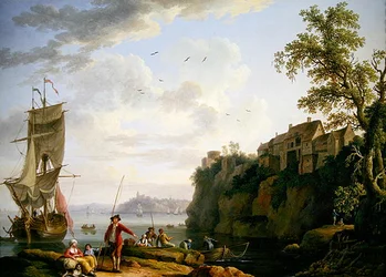 Vissers bij een afgemeerd schip met een dorp