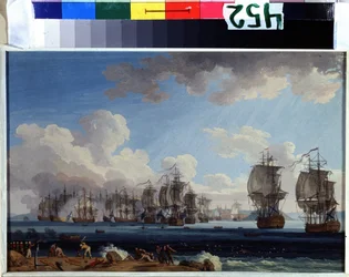 De slag bij Chesma op 5 juli 1770. Het betrof de vloten van Rusland onder Catharina II en het Ottomaanse Rijk bij Chios in Griekenland