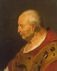 Hoofd van een oude man in kerkelijke gewaden