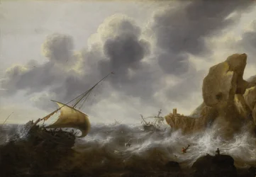 Een vissersboot voor een rotsachtige kust in een storm met een wrak, ca. 1664-65