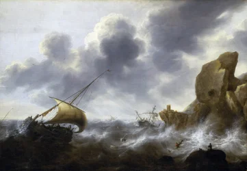 Een vissersboot gevangen in een storm nabij een rotsachtige kust, met een schipbreuk, door Jacob Adriaensz Bellevois