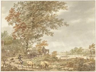 Heuvellandschap met varkenshoeder en andere stoffage, een rivier in de verte