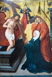 Verrezen Christus met het symbool van de passie die verschijnt aan de Madonna en Sint Johannes de Evangelist