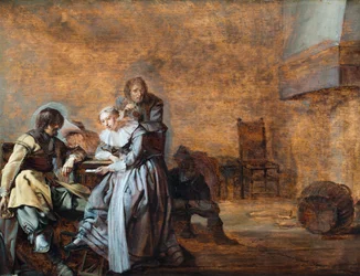 Een interieur met cavaliers en een vrouw aan het kaarten (olieverf op paneel)
