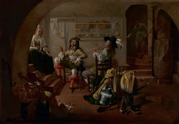Interieur met soldaten en vrouwen