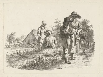 Blinde vrouw en converserende figuren bij een boerderij
