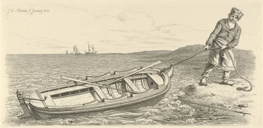 Man trekt zijn roeiboot aan wal