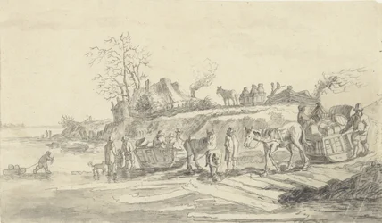 Sleden bij de oever van een bevroren rivier