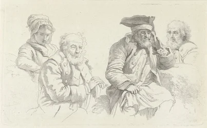 Studieblad met drie oude mannen en een jonge vrouw