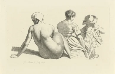Studieblad met een zittend naakt en twee figuren