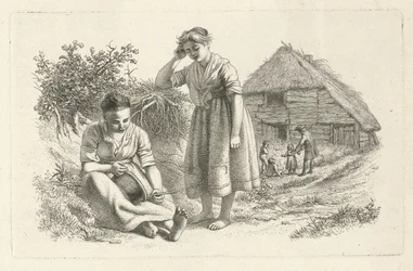 Twee vrouwen en een man met kinderen voor een boerenschuur