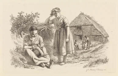 Twee vrouwen en een man met kinderen voor een boerenschuur