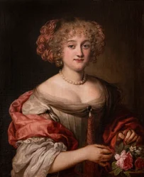 Portret van een dame van de familie Colonna, halflang, in een duifgrijze jurk en roze zijden omslagdoek